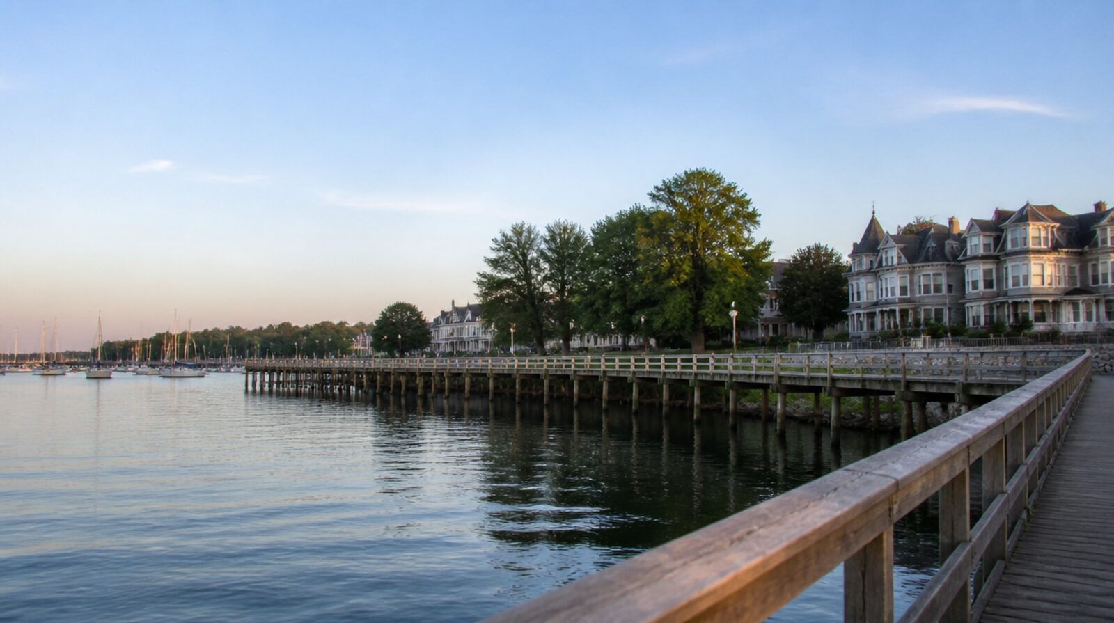 The waterfront walkway along Raritan Bay in Perth Amboy at dusk