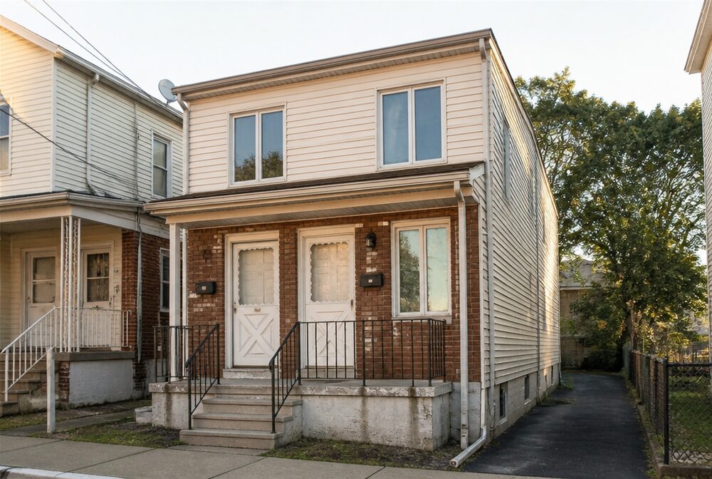 A brick two-family house with two front doors on a residential street in Perth Amboy